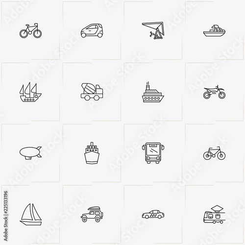 Transport line icon set with concrete mixer car , hang glider and smart car