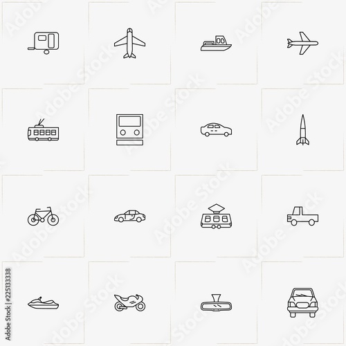 Transport line icon set with rear view mirror, water scooter and yacht