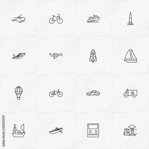 Transport line icon set with emergency car, helicopter and bicycle