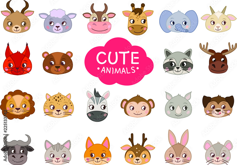 Set of vector cartoon cute animals. Vector illustration. . A collection of head animals in the children's style.