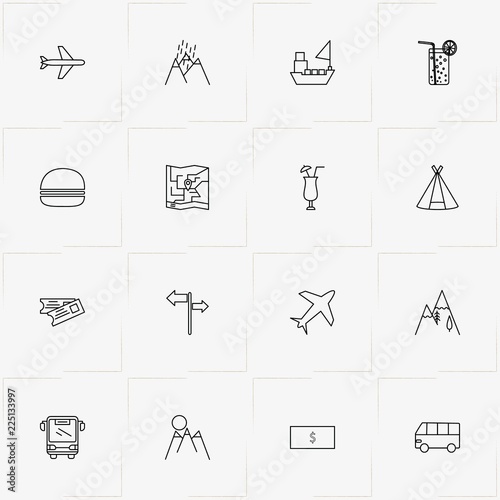 Travel line icon set with money, tickets and signboard