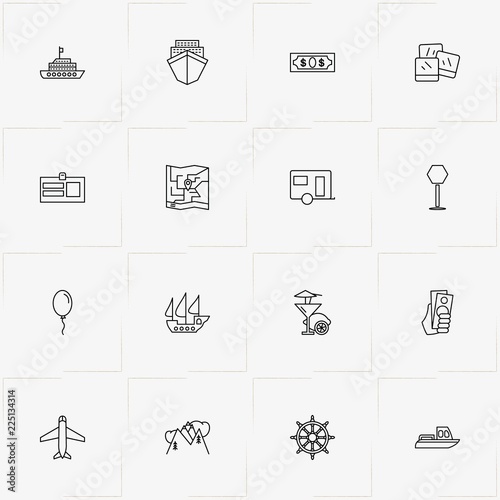 Travel line icon set with mountains , trailer and air balloon