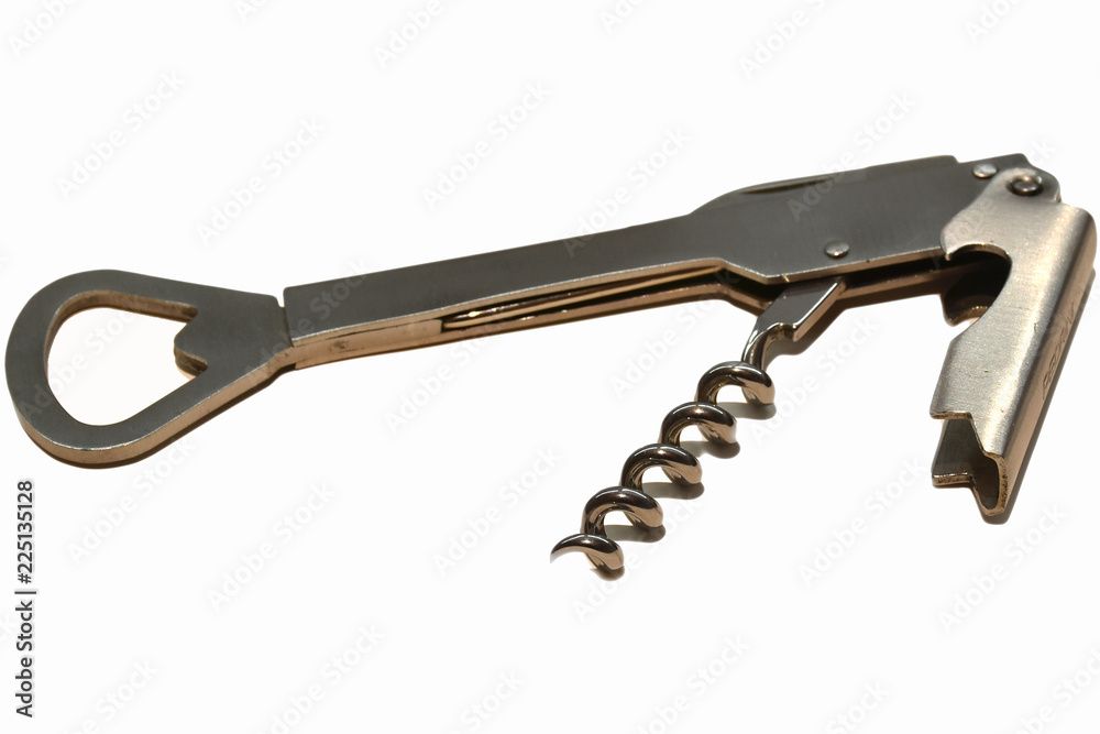 view of steel bottle opener on isolated white background view of steel bottle opener on isolated white background