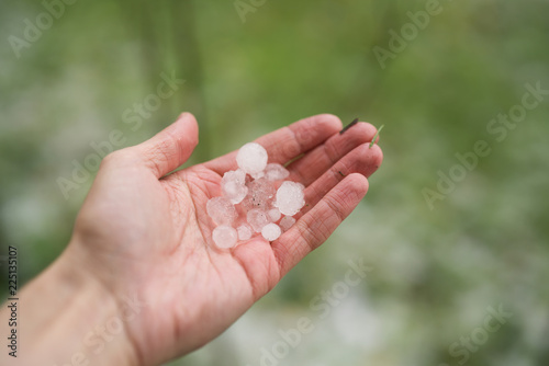 closeup male hand holding hailstones after hailstorm