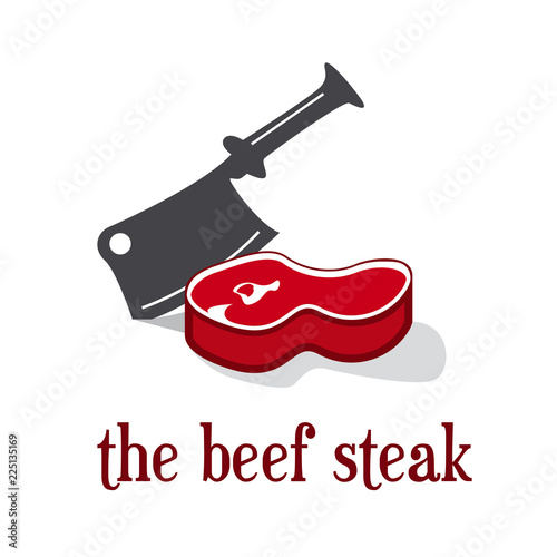 Vector logo T-Bone, flat illustration of a red raw beef steak and a cleaver