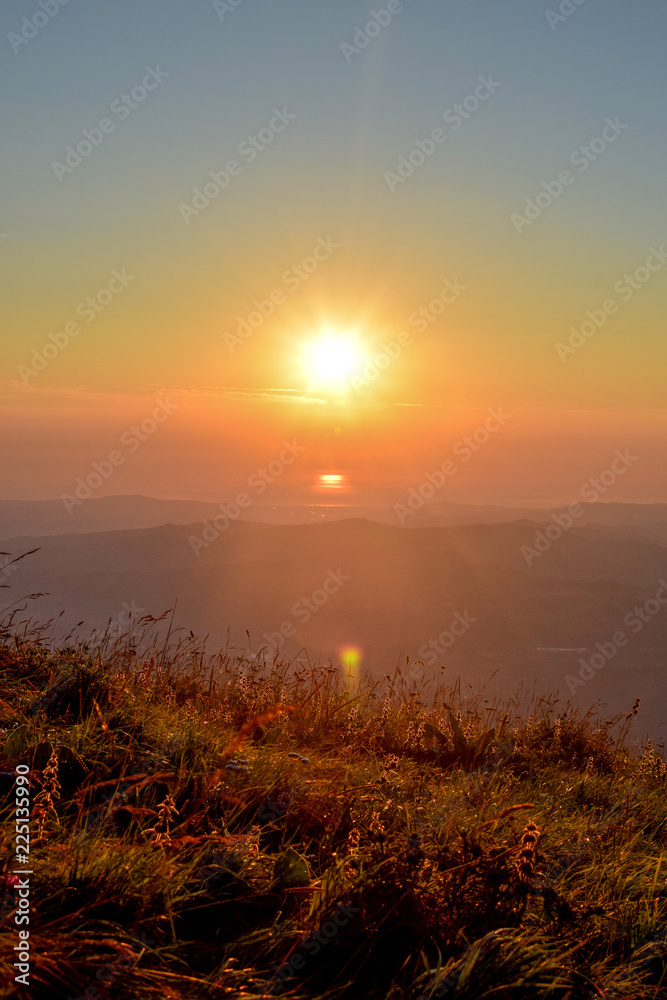 The capturing of the sunrise on the mountain chain Gran Sasso located in the National Park Gran Sasso in Prati di Tivo, Teramo province, Abruzzo region, Italy