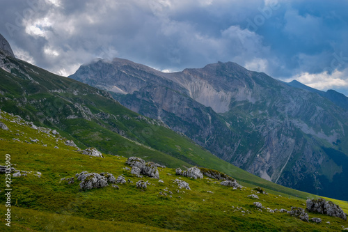 An overview that captures the mountain chain Gran Sasso located in the National Park Gran Sasso in Prati di Tivo Teramo province Abruzzo region Italy