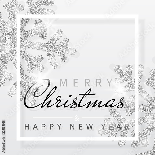 Christmas background with shining silver snowflakes and white frame. Merry Christmas and Happy New Year card. Vector Illustration