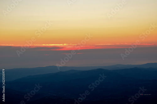 The capturing of the sunrise on the mountain chain Gran Sasso located in the National Park Gran Sasso in Prati di Tivo, Teramo province, Abruzzo region, Italy