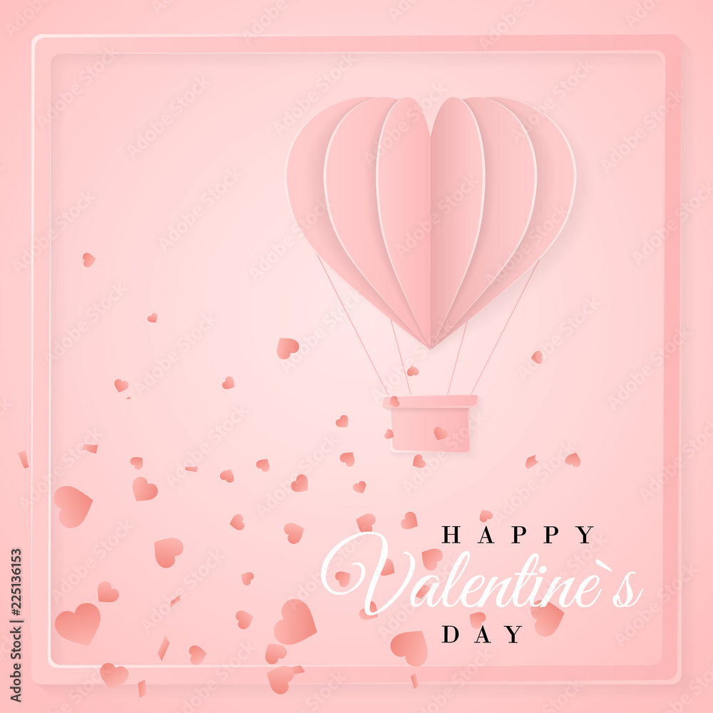 Happy valentines day retro invitation card template with origami paper hot air balloon in heart shape. Pink background. Vector illustration