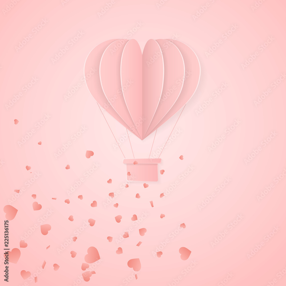 Happy valentines day retro invitation card template with origami paper hot air balloon in heart shape. Pink background. Vector illustration