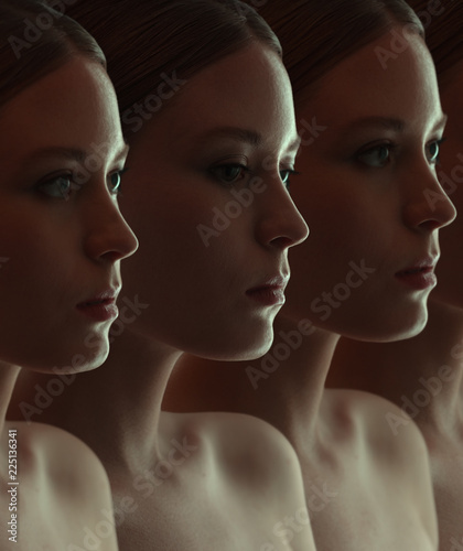 Close-up of the face of beautiful robot girls. Dark group portrait