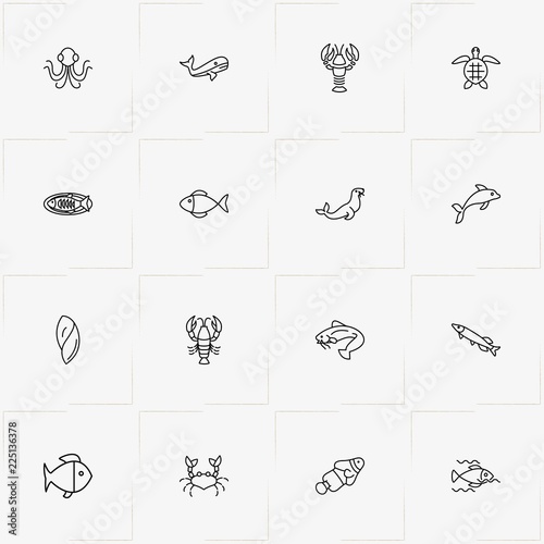 Undersea World line icon set with whale , fish and dolphin