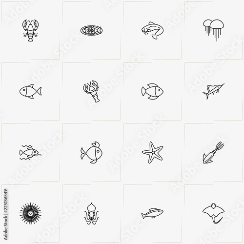 Undersea World line icon set with octopus, fish and star fish