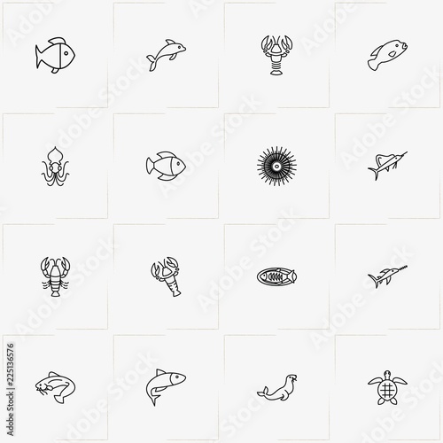 Undersea World line icon set with swordfish , fish and sea urchin