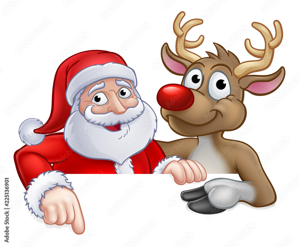 Santa Claus and Reindeer Christmas cartoon characters peeking over a sign  and pointing Stock Vector | Adobe Stock