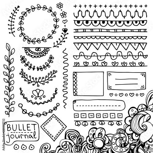 Bullet journal hand drawn vector floral elements for notebook, diary and planner. Doodle banners isolated on white background. Frames, dividers, floral elements.