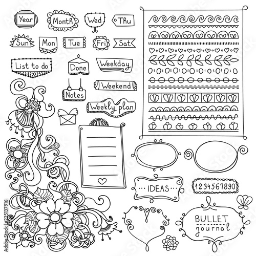 Bullet journal hand drawn vector elements for notebook, diary and planner. Doodle banners isolated on white background. Days of week, notes, list, frames, dividers, flowers.