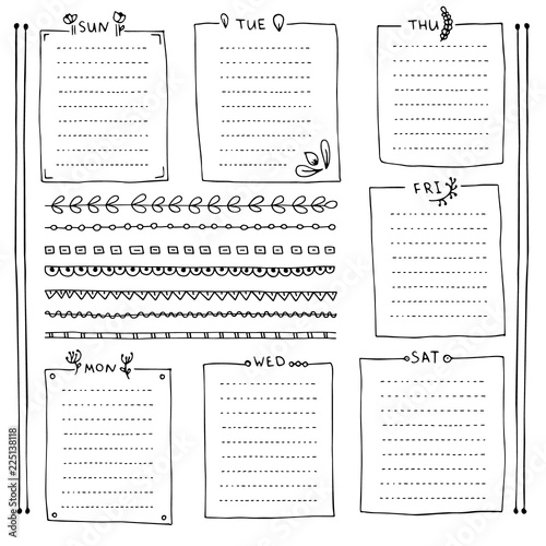 Set of cute hand drawn bullet journal’s elements isolated on white background.  