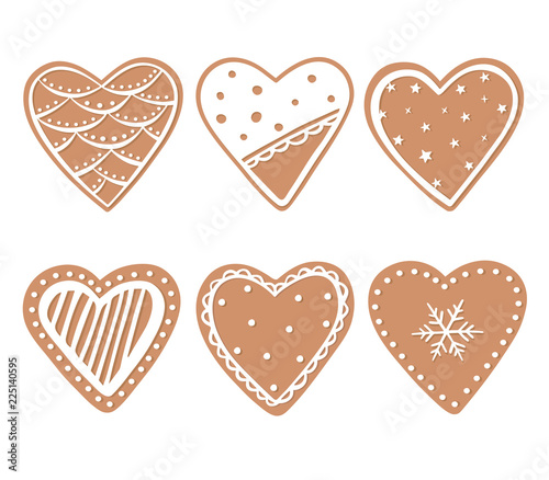 Gingerbread cookies set isolated on white background. Xmas glazed chokolate hearts