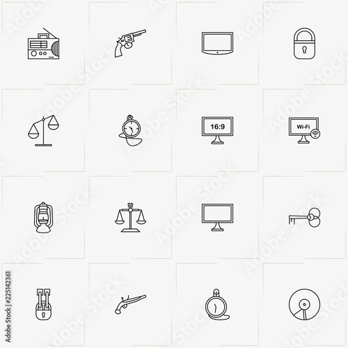 Vintage line icon set with lantern, television and revolver