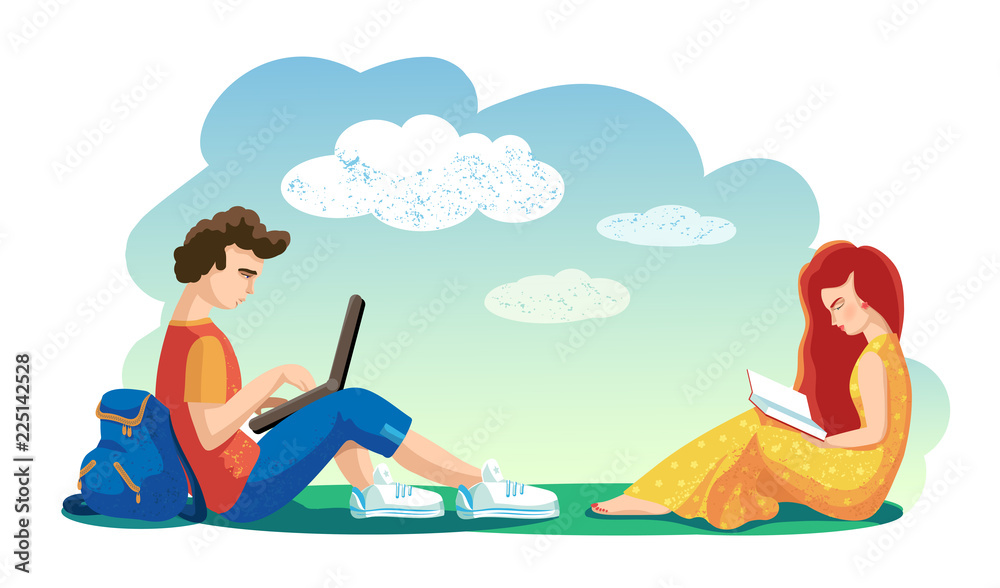 Love concept. Vector. Lovers Students together spend leisure time in open air. girl reading book. boy working on laptop. Love concept. Vector. Lovers Students together spend leisure time in open air. girl reading book. boy working on laptop.