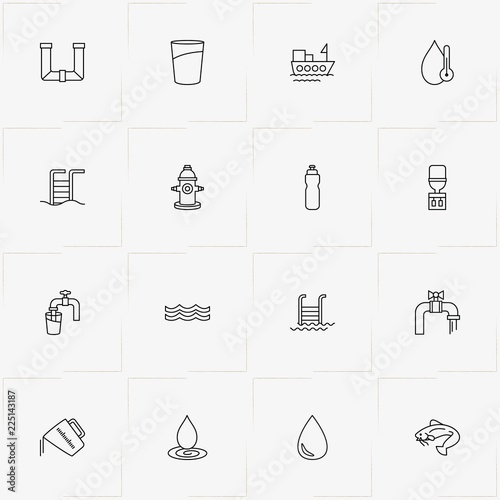 Water line icon set with fish, fireplug  and sea