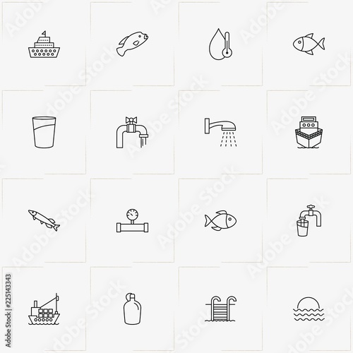 Water line icon set with fish, water tap  and water flask