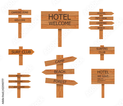Vector Camping Wooden Signs Collection, Beach Pointer, illustrations.