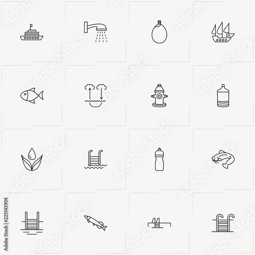 Water line icon set with ship, fireplug  and water drop