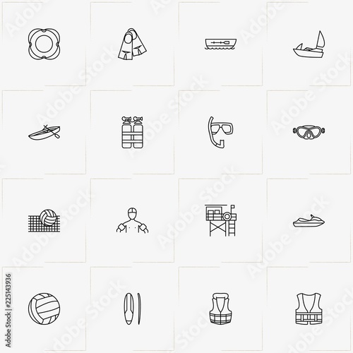 Water Sport line icon set with diving tank , volleyball  and flippers