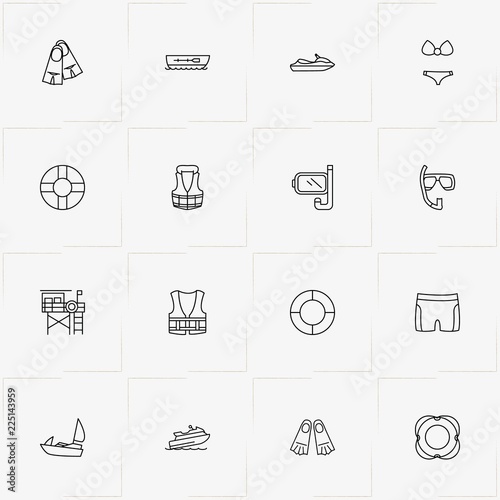 Water Sport line icon set with lifebuoy, boat and water scooter