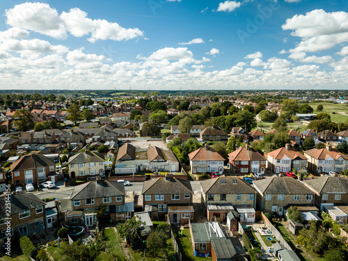 Aerial view of suburban houses in Ipswich, UK. View from backyard. Nice sunny day.