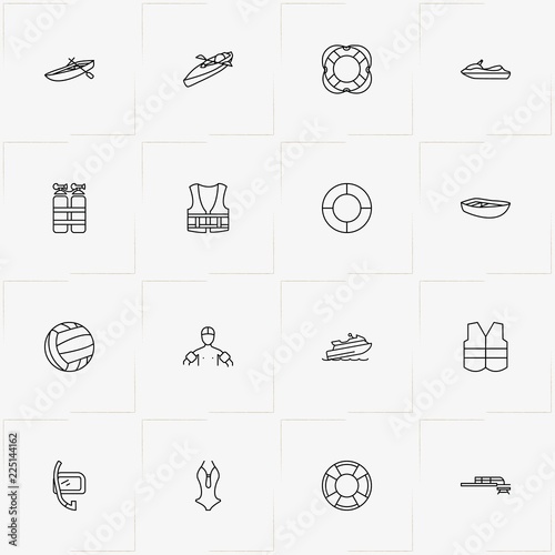 Water Sport line icon set with women swimsuit , diving mask  and lifebuoy