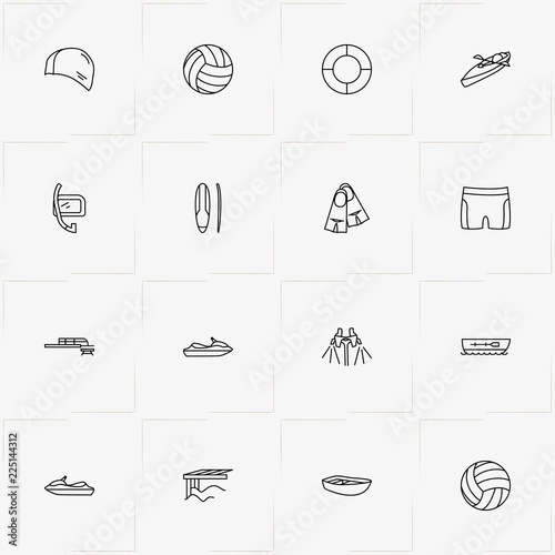 Water Sport line icon set with lifebuoy, water scooter and volleyball