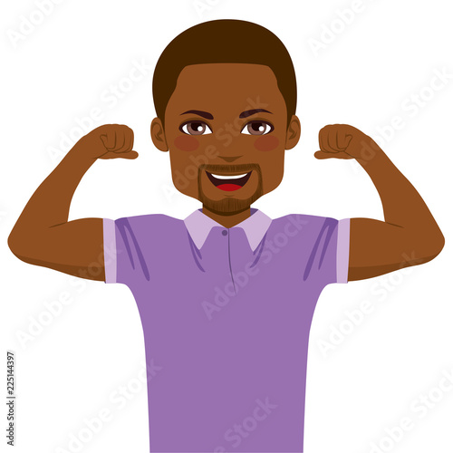 Young African American happy attractive strong man showing muscle strength concept