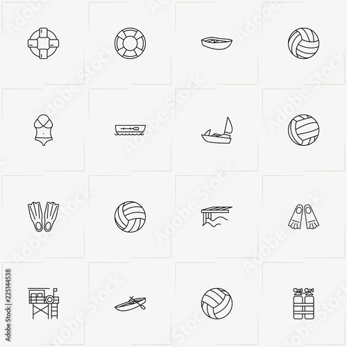 Water Sport line icon set with pier , volleyball  and lifebuoy