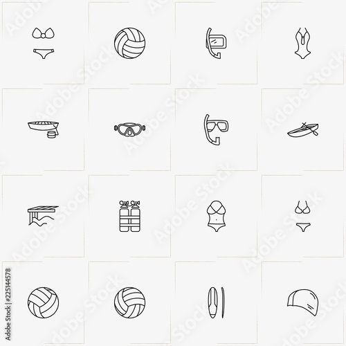 Water Sport line icon set with swimming cap , boat and women swimsuit