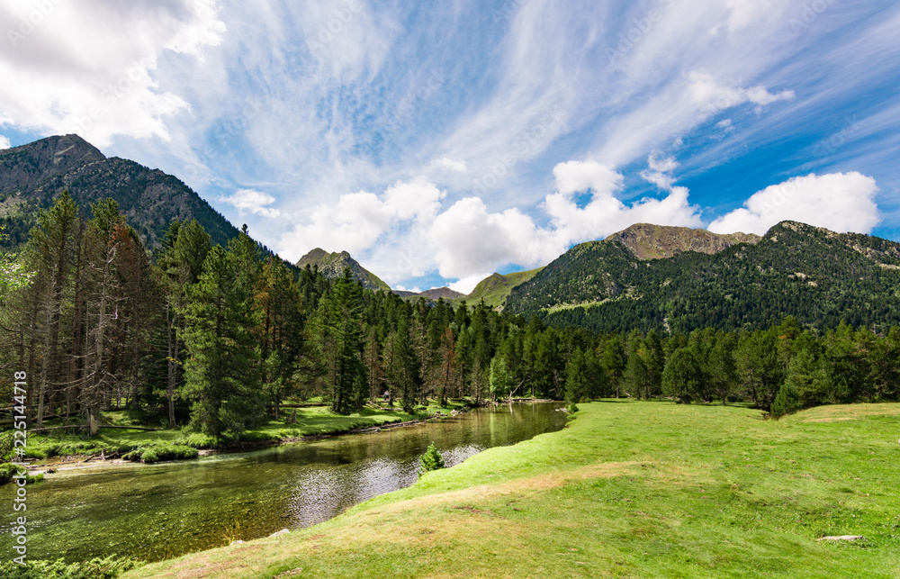 View of the meadows and San nicolau river in the Aiguestortes National Park, Lleida, Pyrenees, Catalonia