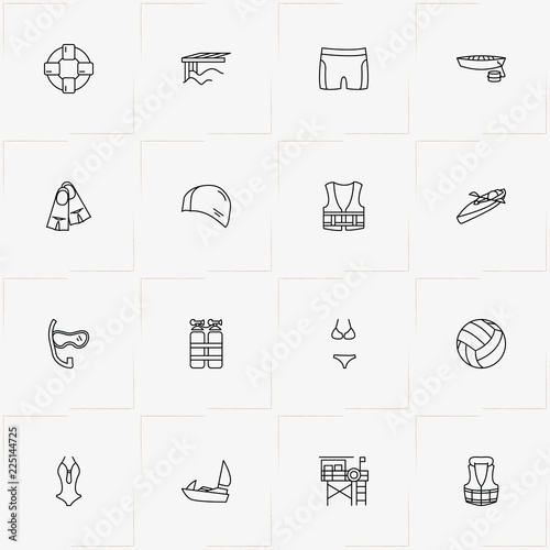 Water Sport line icon set with volleyball , man swimsuit  and women swimsuit