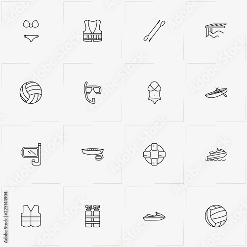 Water Sport line icon set with volleyball , diving tank  and women swimsuit