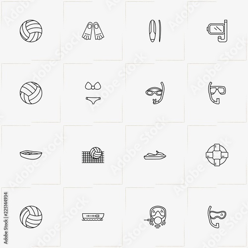 Water Sport line icon set with volleyball , diving mask  and surfing board