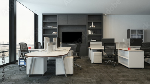 Office packed with modern shelves and tables