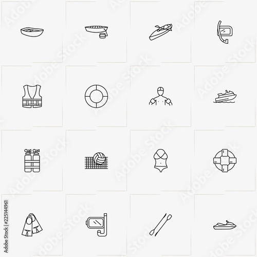 Water Sport line icon set with canoe , diving mask  and rowing paddle