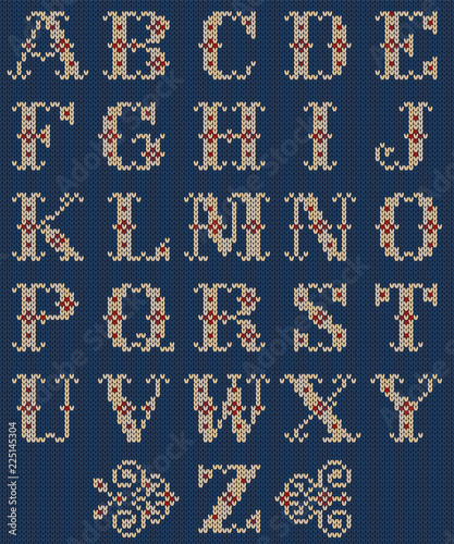 Lovely blue, red and cream white knit alphabet framework. Ornate initial letters, usable as text elemens for wintry apparel designs, card designs, etc.