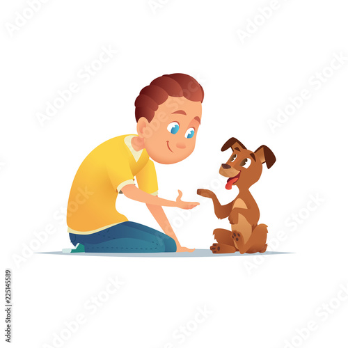 Boy  walking with a dog. Friendship of the child and the dog. Vector illustration.