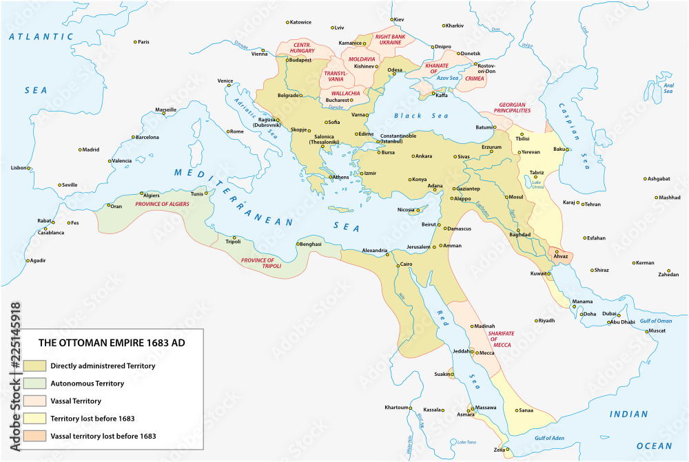 Map of the Ottoman Empire at the time of the greatest expansion and in the late 17th century