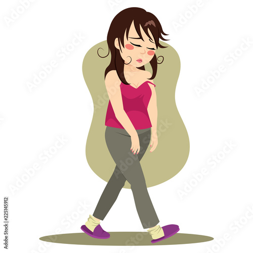 Beautiful young sleepy woman walking tired in the morning