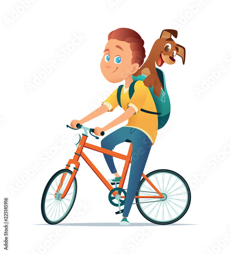 Boy on bicycle with a dog. Friendship of the child and the dog. Vector illustration.