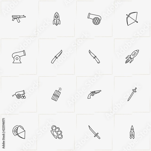 Weapons line icon set with dynamite, revolver and bow and arrow